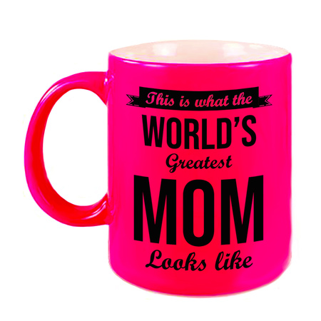 Worlds Greatest Mom cadeau koffiemok / theebeker neon roze 330 ml