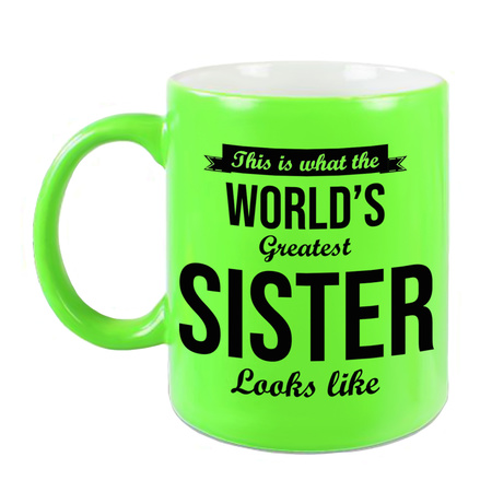 Worlds Greatest Sister cadeau koffiemok / theebeker neon groen 330 ml