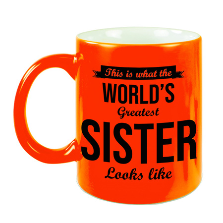 Worlds Greatest Sister cadeau koffiemok / theebeker neon oranje 330 ml