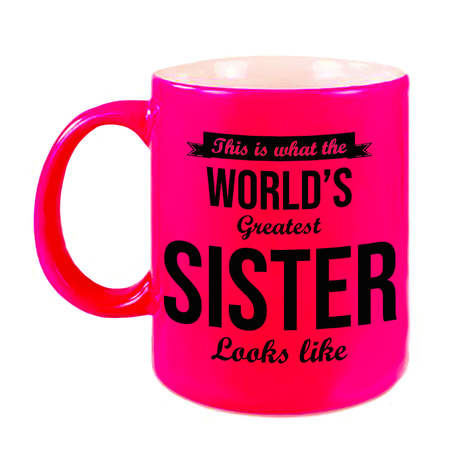Worlds Greatest Sister cadeau koffiemok / theebeker neon roze 330 ml