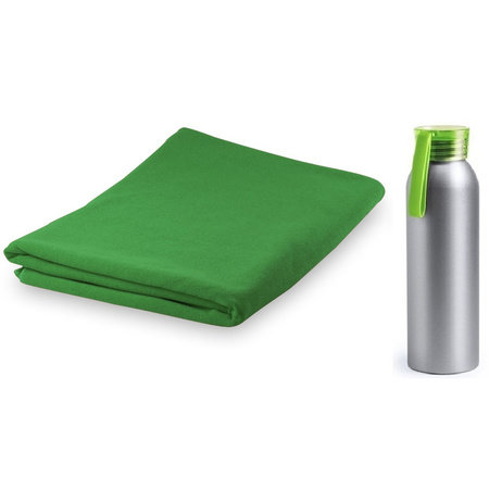Yoga/fitness set groene handdoek extra absorberend en bidon/drinkfles
