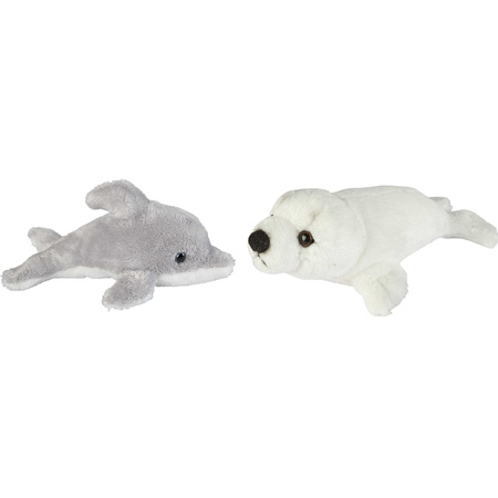 Zeedieren serie zachte pluche knuffels 2x stuks - Dolfijn en Zeehond pup van 15 cm