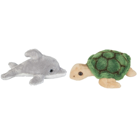 Zeedieren serie zachte pluche knuffels 2x stuks - Dolfijn en Zeeschildpad van 15 cm