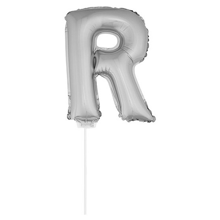 Zilveren opblaas letter ballon R op stokje 41 cm