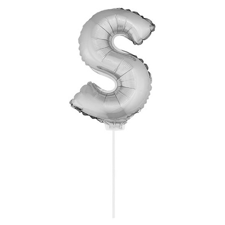 Zilveren opblaas letter ballon  S op stokje 41 cm