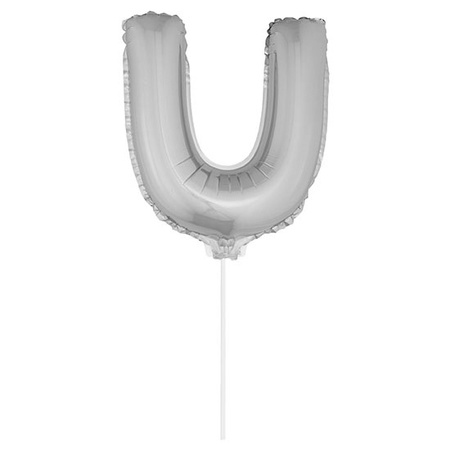 Zilveren opblaas letter ballon U op stokje 41 cm