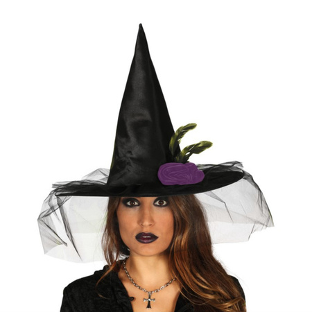 Black witch hat with purple flower and gauze for women
